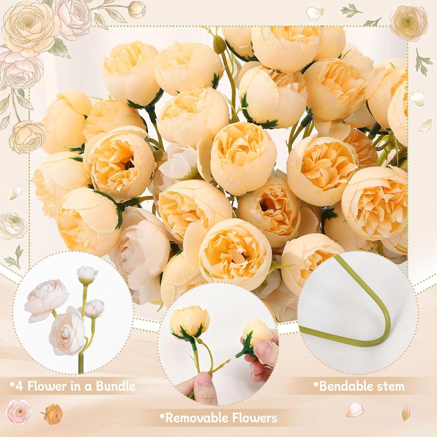 24 PCS Ranunculus Artificial Flowers, Faux Mini Ranunculus Bulk | Realistic Silk Ranunculus Bouquet for DIY Bouquets, Bridal Shower Decorations, Centerpieces, Arrangements, White