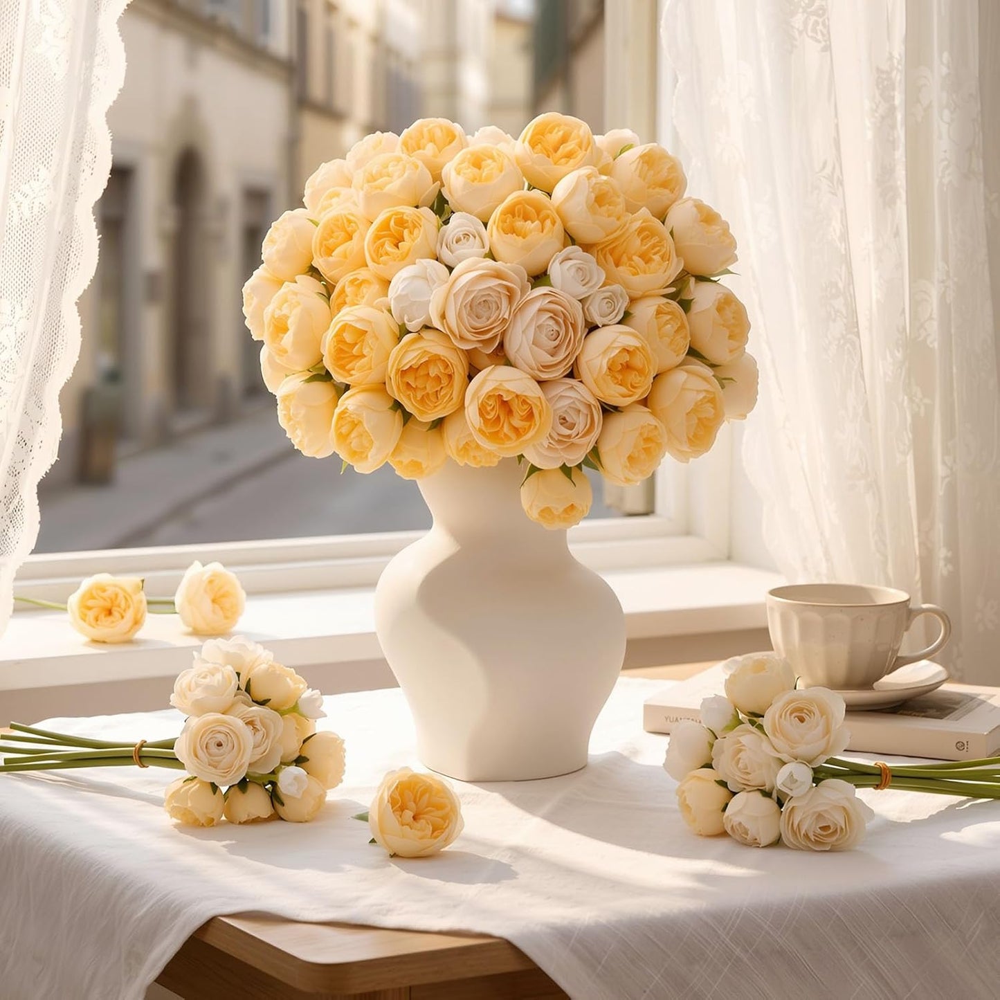 24 PCS Ranunculus Artificial Flowers, Faux Mini Ranunculus Bulk | Realistic Silk Ranunculus Bouquet for DIY Bouquets, Bridal Shower Decorations, Centerpieces, Arrangements, White