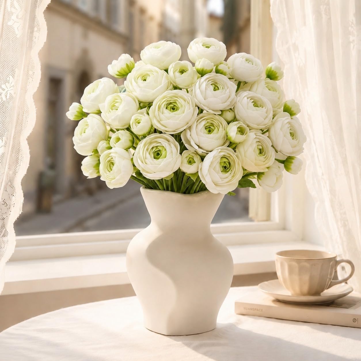 24 PCS Ranunculus Artificial Flowers, Faux Mini Ranunculus Bulk | Realistic Silk Ranunculus Bouquet for DIY Bouquets, Bridal Shower Decorations, Centerpieces, Arrangements, White