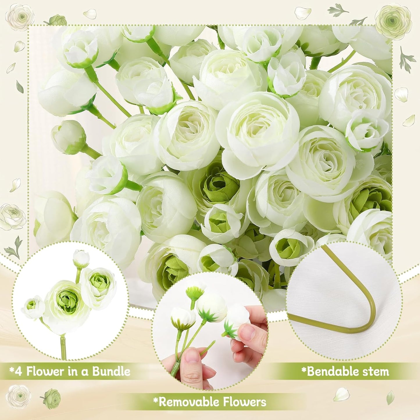 24 PCS Ranunculus Artificial Flowers, Faux Mini Ranunculus Bulk | Realistic Silk Ranunculus Bouquet for DIY Bouquets, Bridal Shower Decorations, Centerpieces, Arrangements, White
