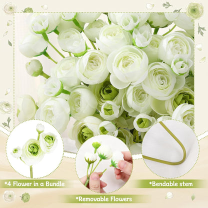 24 PCS Ranunculus Artificial Flowers, Faux Mini Ranunculus Bulk | Realistic Silk Ranunculus Bouquet for DIY Bouquets, Bridal Shower Decorations, Centerpieces, Arrangements, White