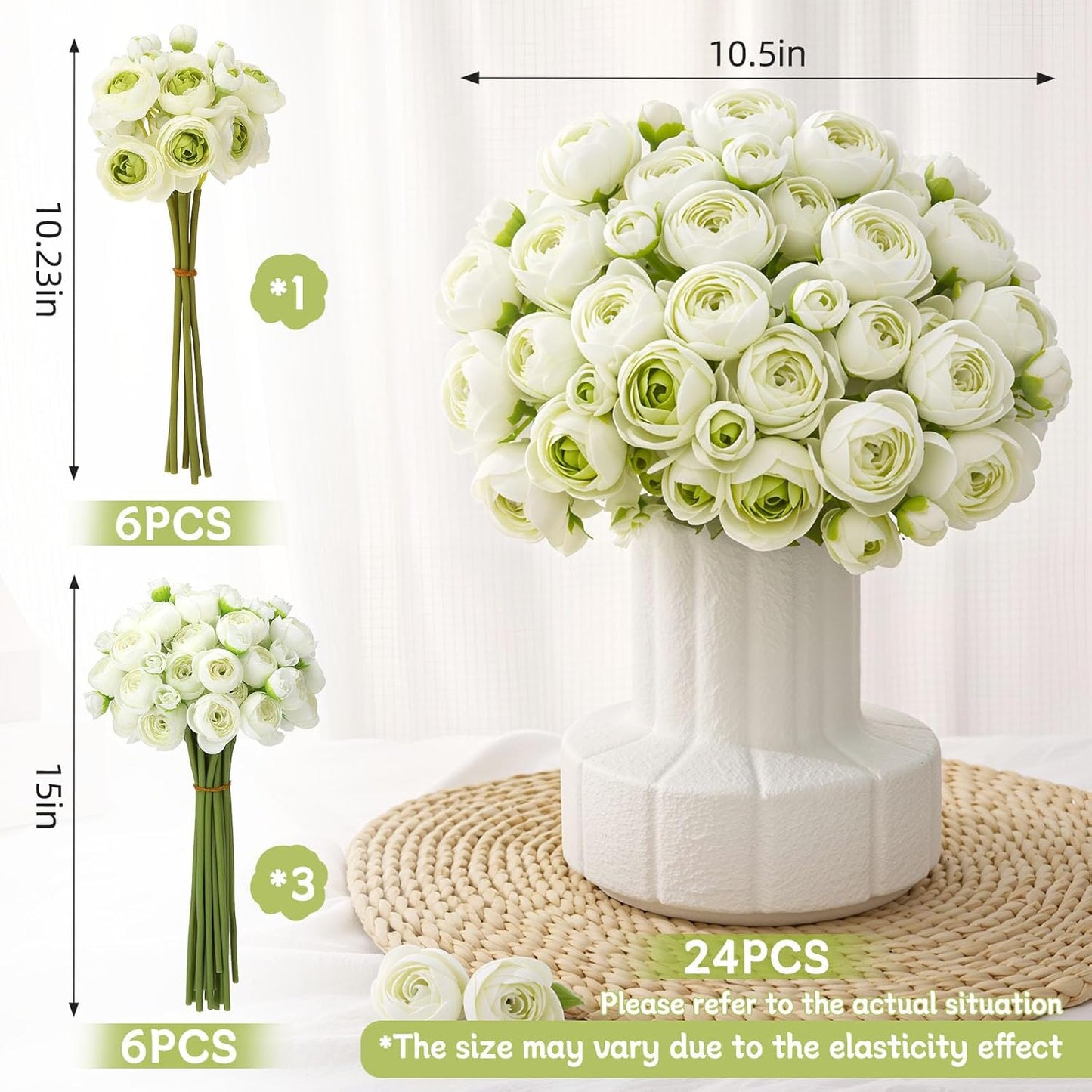 24 PCS Ranunculus Artificial Flowers, Faux Mini Ranunculus Bulk | Realistic Silk Ranunculus Bouquet for DIY Bouquets, Bridal Shower Decorations, Centerpieces, Arrangements, White