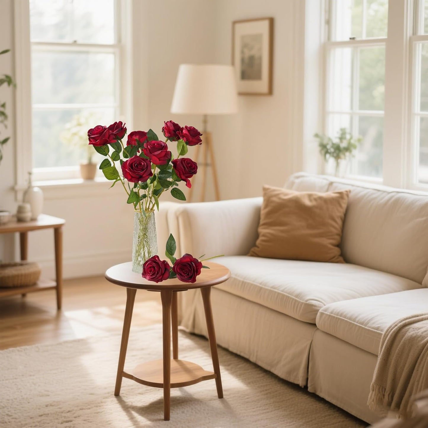 12 pcs Artificial Red Roses Flowers Long Stem Fake Silk Rose for Home Wendding Decorations(Red)