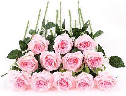 12 pcs Artificial Red Roses Flowers Long Stem Fake Silk Rose for Home Wendding Decorations(Red)