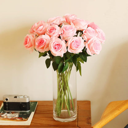 12 pcs Artificial Red Roses Flowers Long Stem Fake Silk Rose for Home Wendding Decorations(Red)