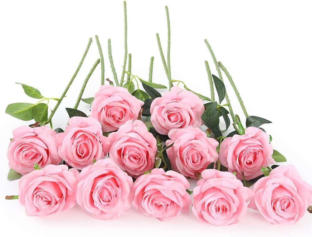 12 pcs Artificial Red Roses Flowers Long Stem Fake Silk Rose for Home Wendding Decorations(Red)