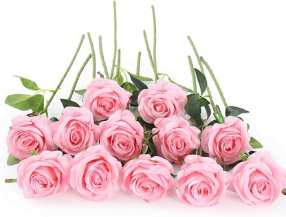 12 pcs Artificial Red Roses Flowers Long Stem Fake Silk Rose for Home Wendding Decorations(Red)