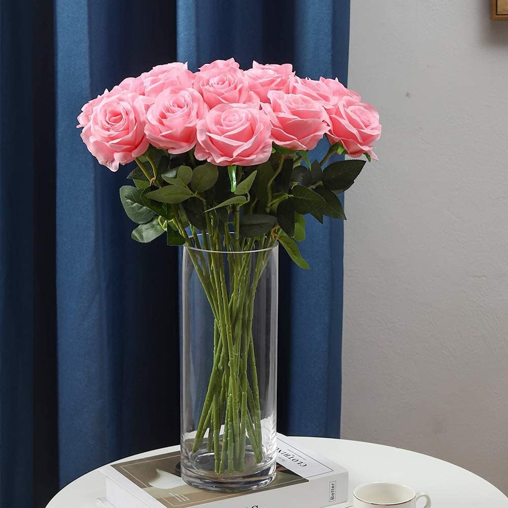 12 pcs Artificial Red Roses Flowers Long Stem Fake Silk Rose for Home Wendding Decorations(Red)