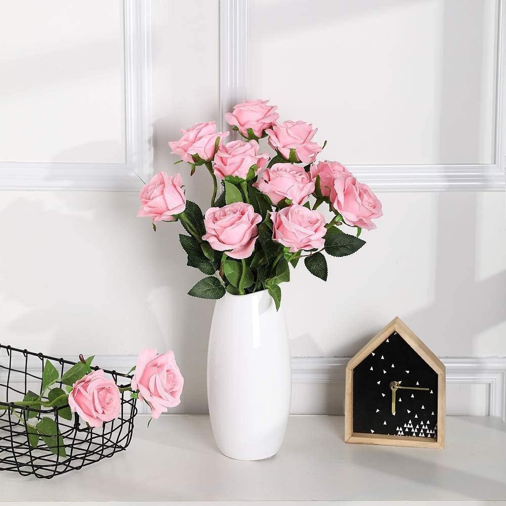 12 pcs Artificial Red Roses Flowers Long Stem Fake Silk Rose for Home Wendding Decorations(Red)