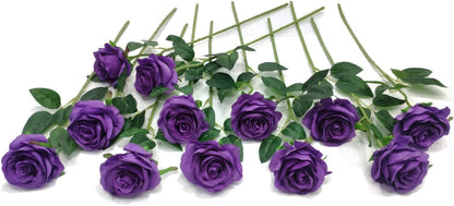 12 pcs Artificial Red Roses Flowers Long Stem Fake Silk Rose for Home Wendding Decorations(Red)