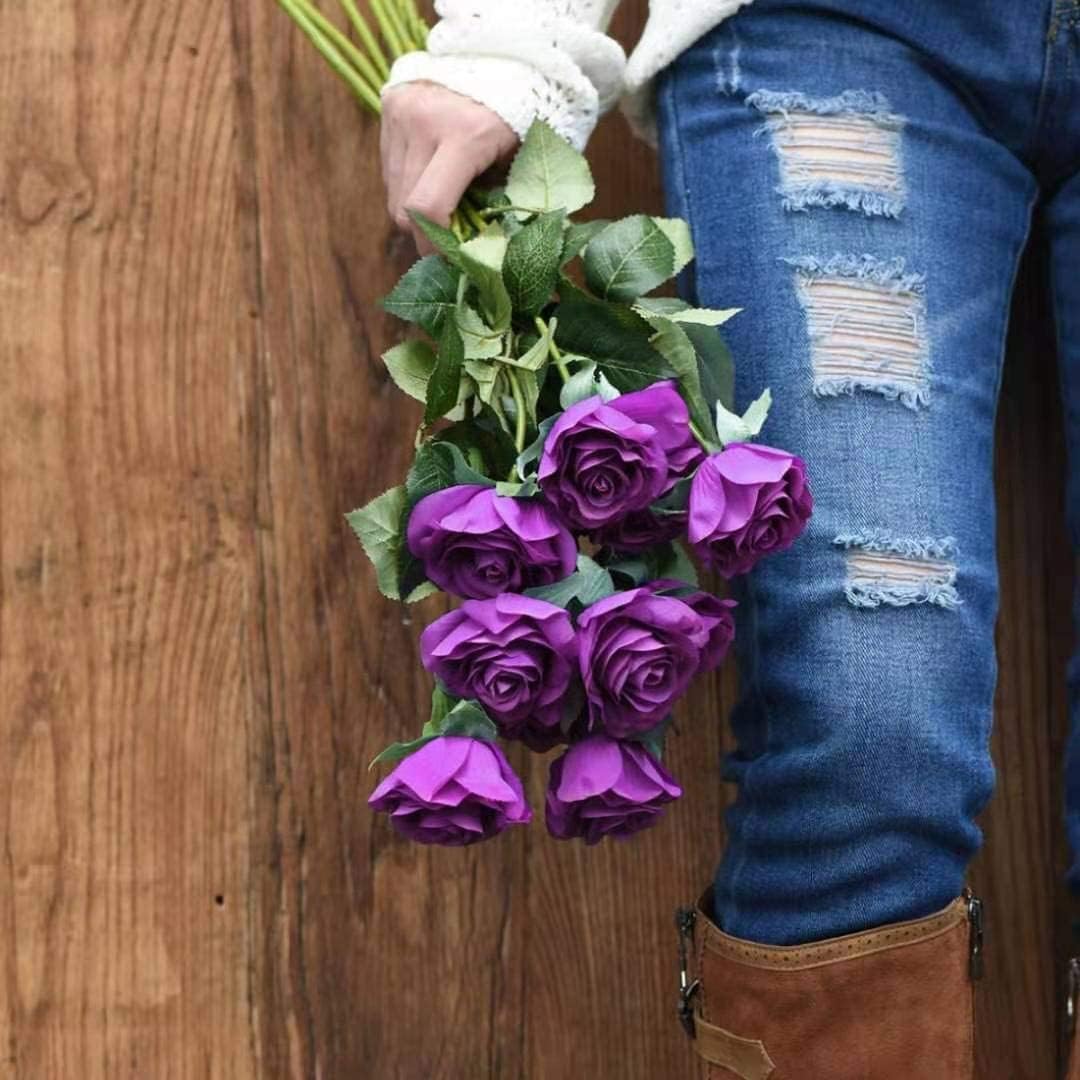 12 pcs Artificial Red Roses Flowers Long Stem Fake Silk Rose for Home Wendding Decorations(Red)