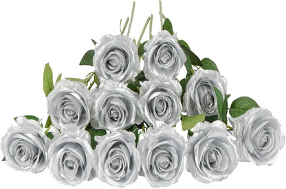12 pcs Artificial Red Roses Flowers Long Stem Fake Silk Rose for Home Wendding Decorations(Red)