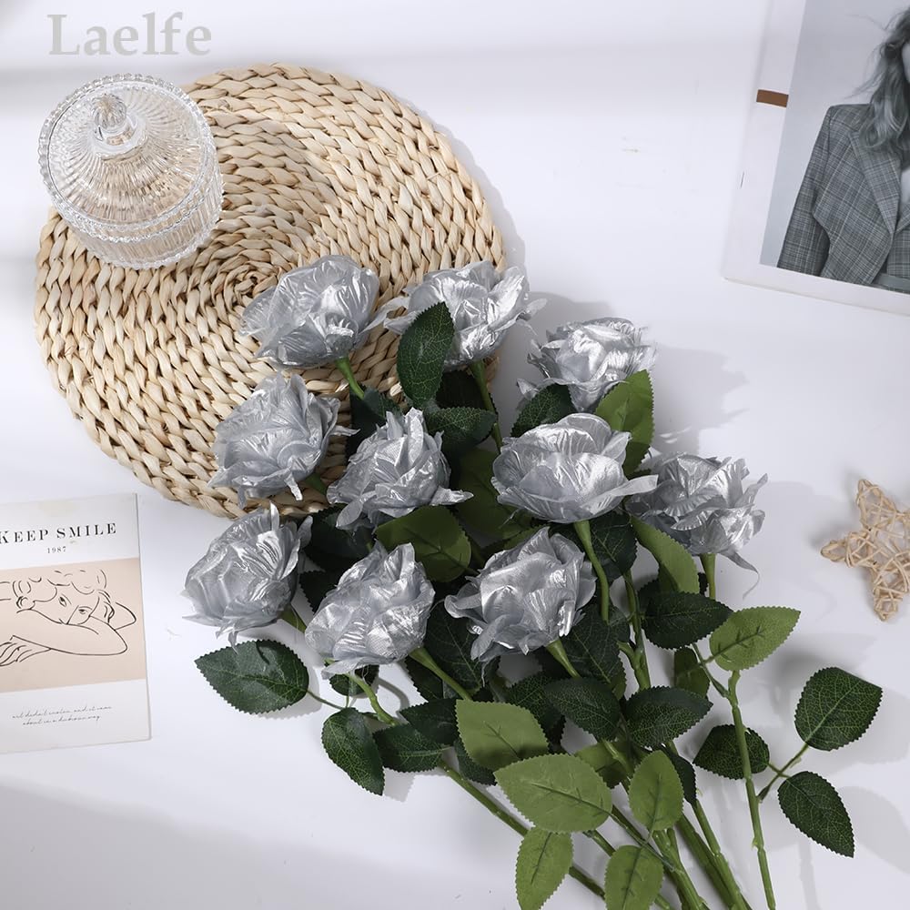 12 pcs Artificial Red Roses Flowers Long Stem Fake Silk Rose for Home Wendding Decorations(Red)