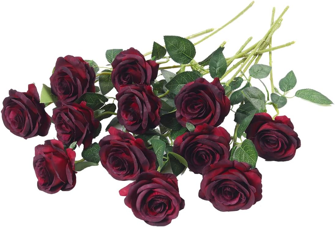 12 pcs Artificial Red Roses Flowers Long Stem Fake Silk Rose for Home Wendding Decorations(Red)