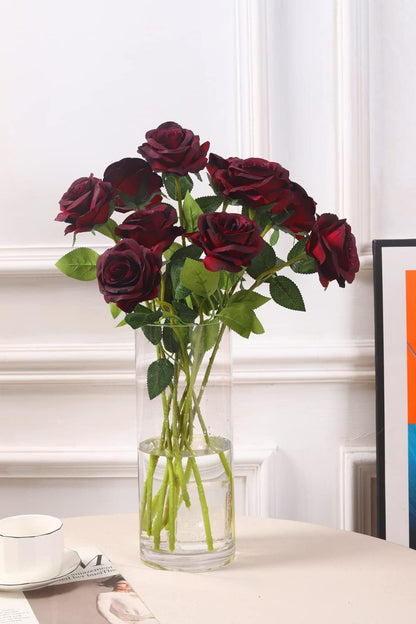 12 pcs Artificial Red Roses Flowers Long Stem Fake Silk Rose for Home Wendding Decorations(Red)
