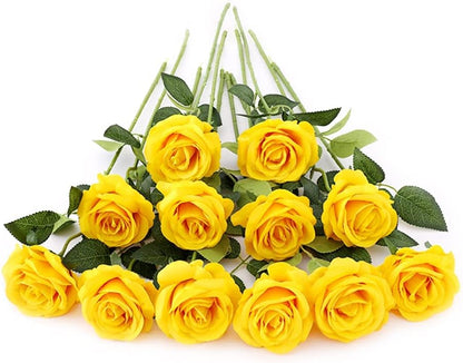 12 pcs Artificial Red Roses Flowers Long Stem Fake Silk Rose for Home Wendding Decorations(Red)