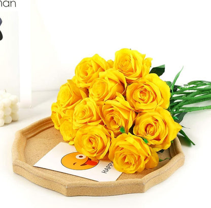12 pcs Artificial Red Roses Flowers Long Stem Fake Silk Rose for Home Wendding Decorations(Red)