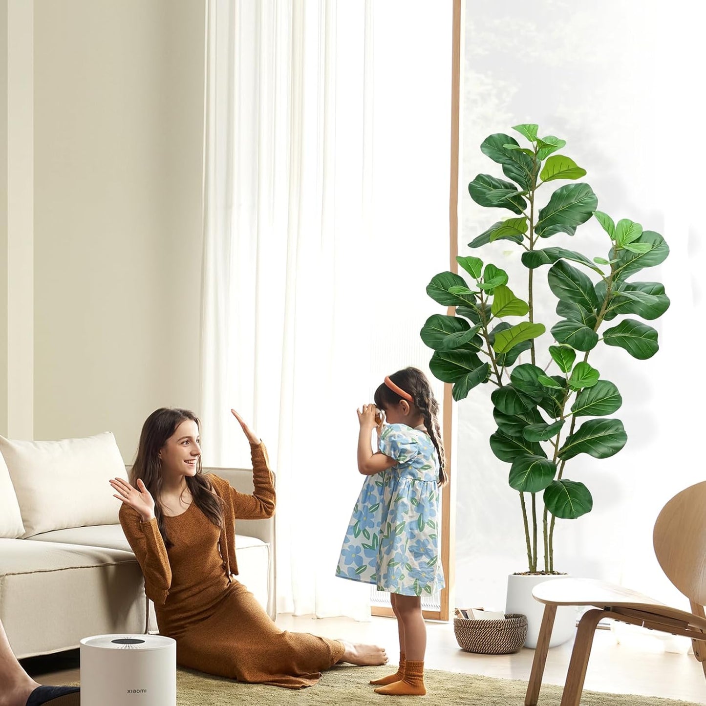 Faux Fiddle Leaf Fig Tree 5ft with White Planter 4 Trunk Fake Plants in Pot | Realistic Fiddle Leaf Fig Design,5ft Tall,4 Trunk Structure,White Planter with Decorative Stones,For Indoor Home Office Decor