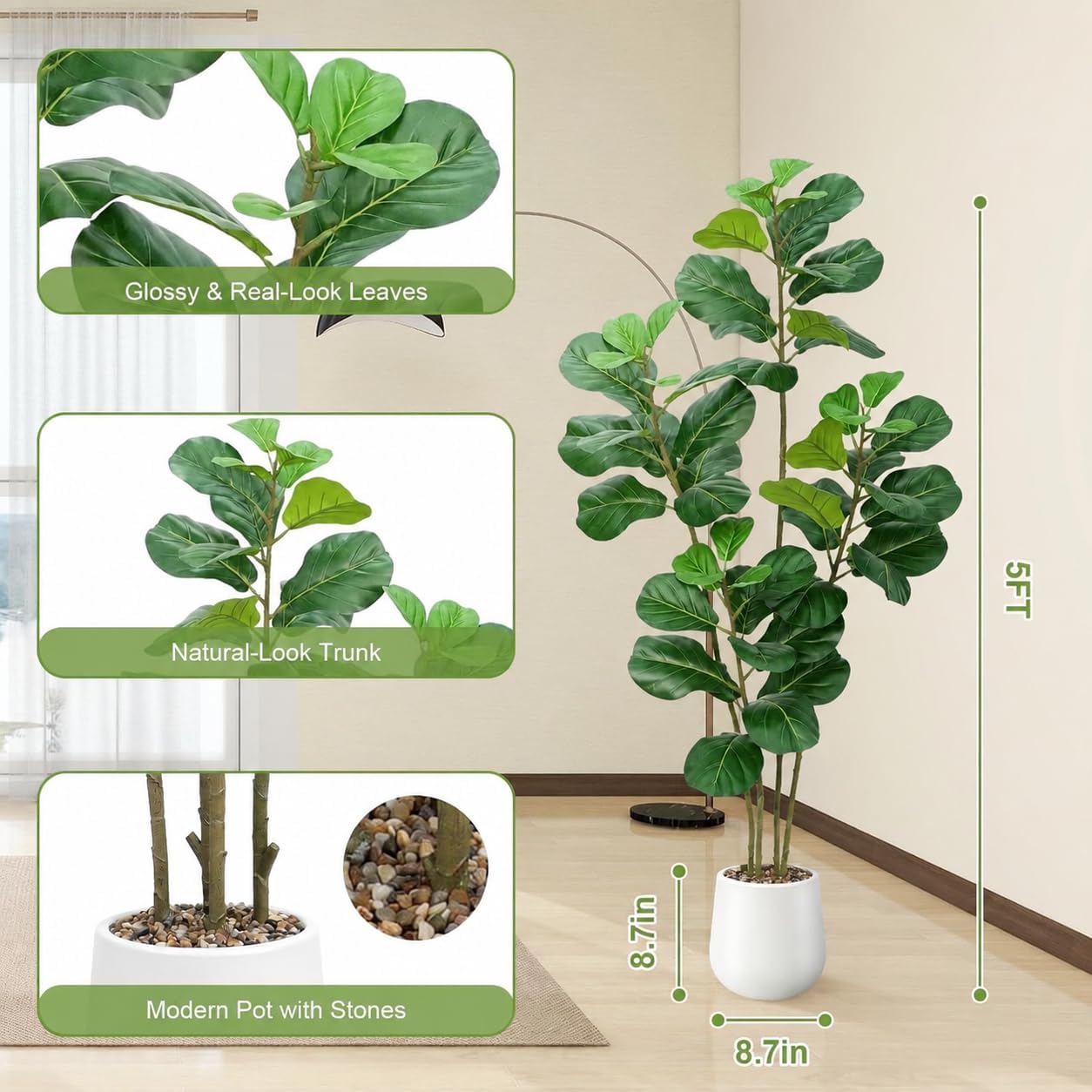 Faux Fiddle Leaf Fig Tree 5ft with White Planter 4 Trunk Fake Plants in Pot | Realistic Fiddle Leaf Fig Design,5ft Tall,4 Trunk Structure,White Planter with Decorative Stones,For Indoor Home Office Decor
