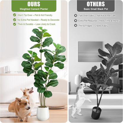 Faux Fiddle Leaf Fig Tree 5ft with White Planter 4 Trunk Fake Plants in Pot | Realistic Fiddle Leaf Fig Design,5ft Tall,4 Trunk Structure,White Planter with Decorative Stones,For Indoor Home Office Decor