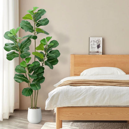 Faux Fiddle Leaf Fig Tree 5ft with White Planter 4 Trunk Fake Plants in Pot | Realistic Fiddle Leaf Fig Design,5ft Tall,4 Trunk Structure,White Planter with Decorative Stones,For Indoor Home Office Decor