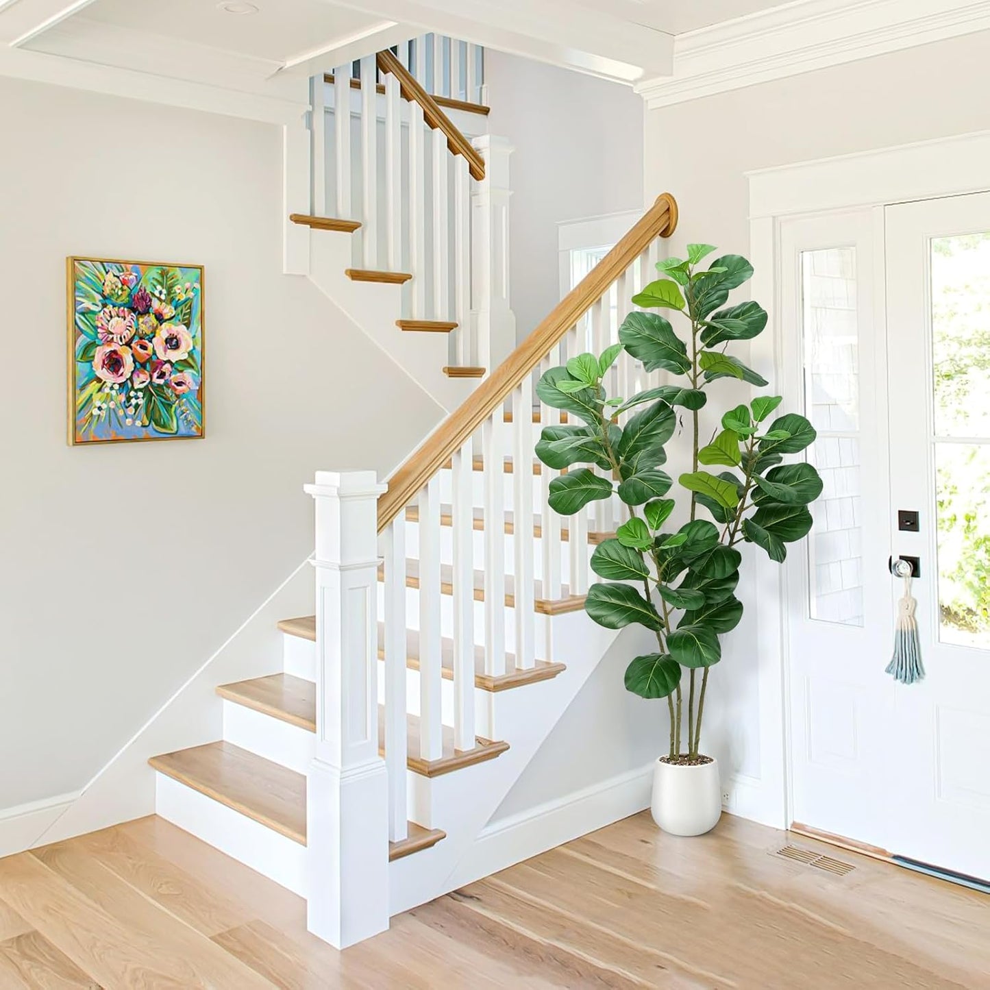 Faux Fiddle Leaf Fig Tree 5ft with White Planter 4 Trunk Fake Plants in Pot | Realistic Fiddle Leaf Fig Design,5ft Tall,4 Trunk Structure,White Planter with Decorative Stones,For Indoor Home Office Decor