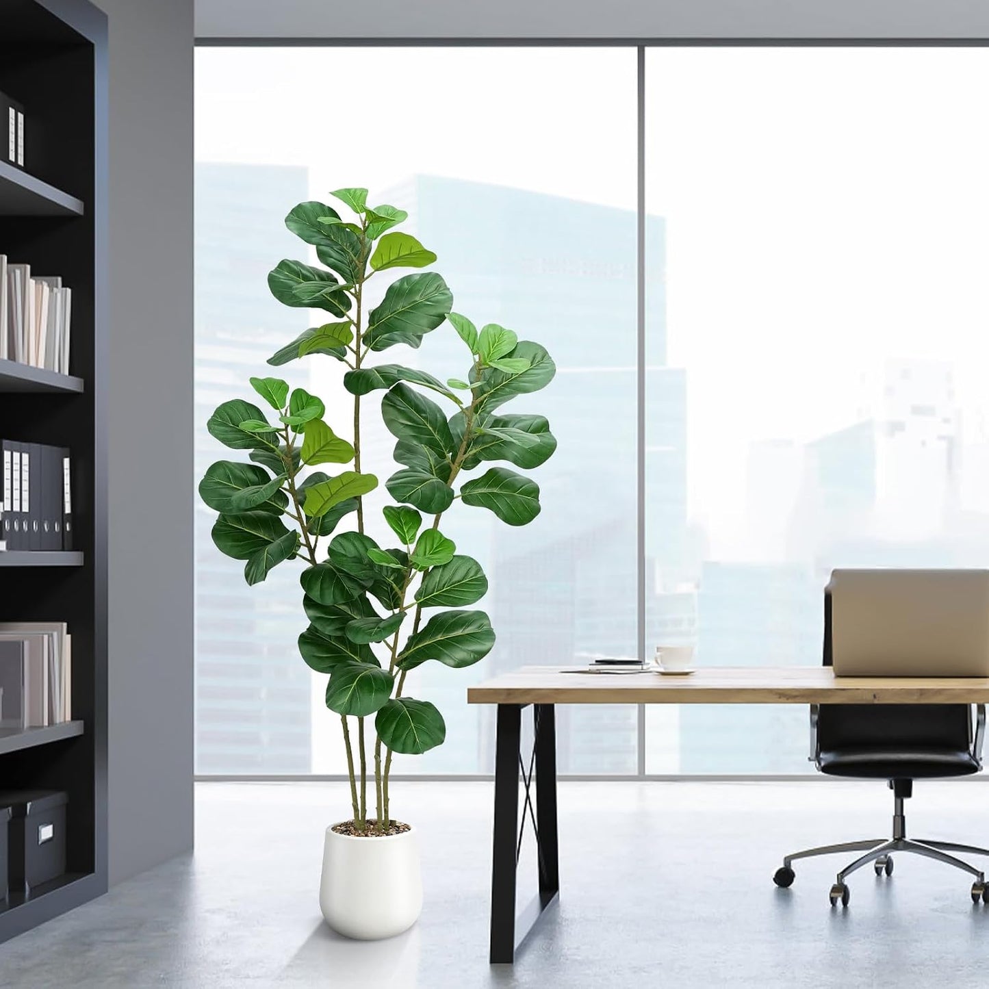 Faux Fiddle Leaf Fig Tree 5ft with White Planter 4 Trunk Fake Plants in Pot | Realistic Fiddle Leaf Fig Design,5ft Tall,4 Trunk Structure,White Planter with Decorative Stones,For Indoor Home Office Decor