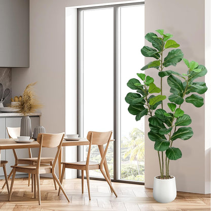 Faux Fiddle Leaf Fig Tree 5ft with White Planter 4 Trunk Fake Plants in Pot | Realistic Fiddle Leaf Fig Design,5ft Tall,4 Trunk Structure,White Planter with Decorative Stones,For Indoor Home Office Decor