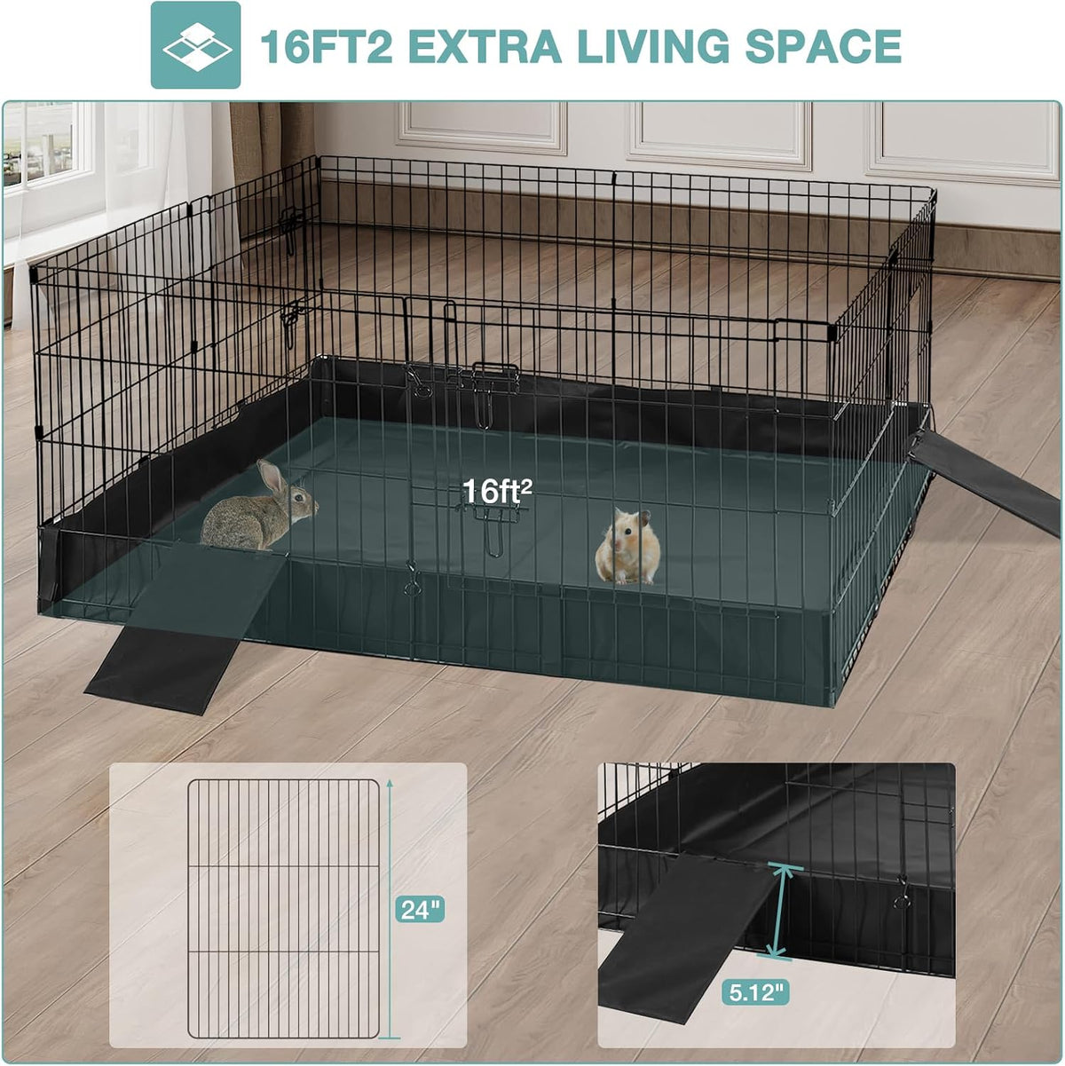 Rabbit Playpen，Small Animal Cage with Waterproof Mat, 48" L*48" W*24" H Metal Hedgehog with Door, C&C Cage for Guinea Pigs, Bunny, Hedgehogs, Chinchillas(Playpen Only)