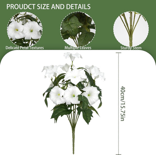 Artificial Flowers for Outdoors, Faux Petunias Spring Summer Decoration, Fake Flowers Plants UV Resistant Look Real Silk Flowers for Outside Planter Front Door Porch Patio Yard (6, White)
