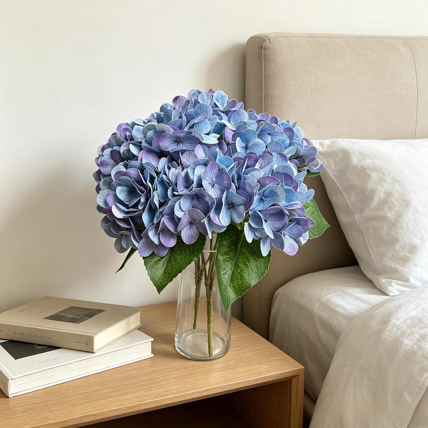 Hydrangea Artificial Flowers Bouquet with Stems, Latex Faux Hydrangea Flowers for Wedding, Home, Baby Shower, Table Centerpieces Decoration. (Blue)