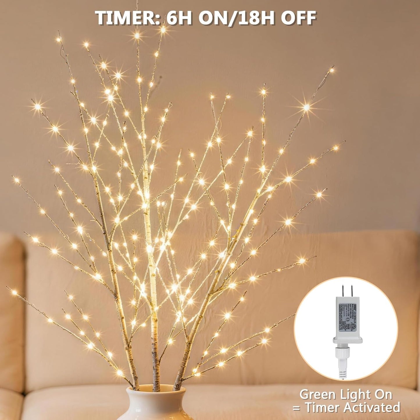 Lighted Birch White Tree Branches 33IN 180LED with Timer Plug in, Artificial Tree White Birch Twig for Christmas Home Decor Party Wedding Bedroom