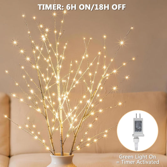 Lighted Birch White Tree Branches 33IN 180LED with Timer Plug in, Artificial Tree White Birch Twig for Christmas Home Decor Party Wedding Bedroom