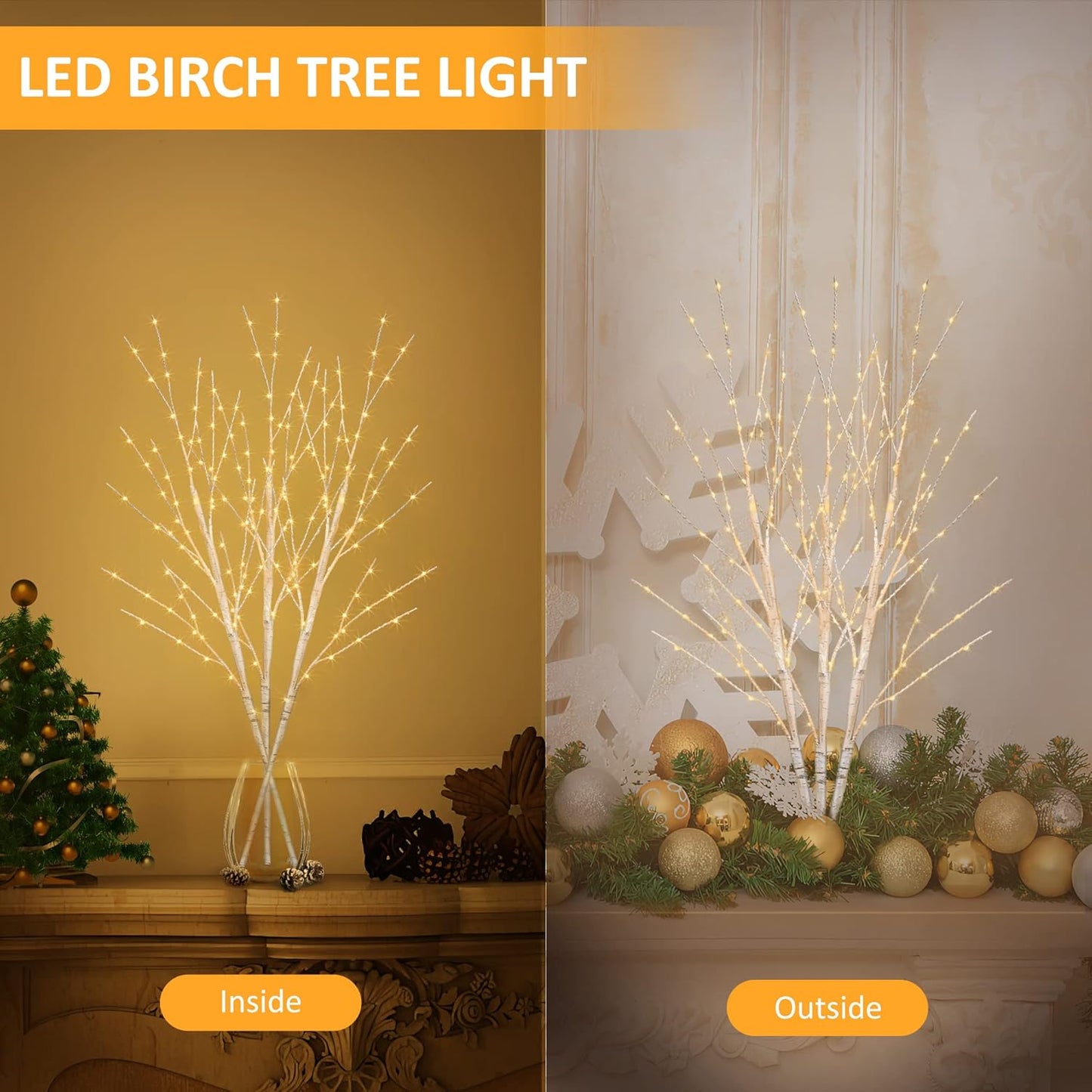 Lighted Birch White Tree Branches 33IN 180LED with Timer Plug in, Artificial Tree White Birch Twig for Christmas Home Decor Party Wedding Bedroom