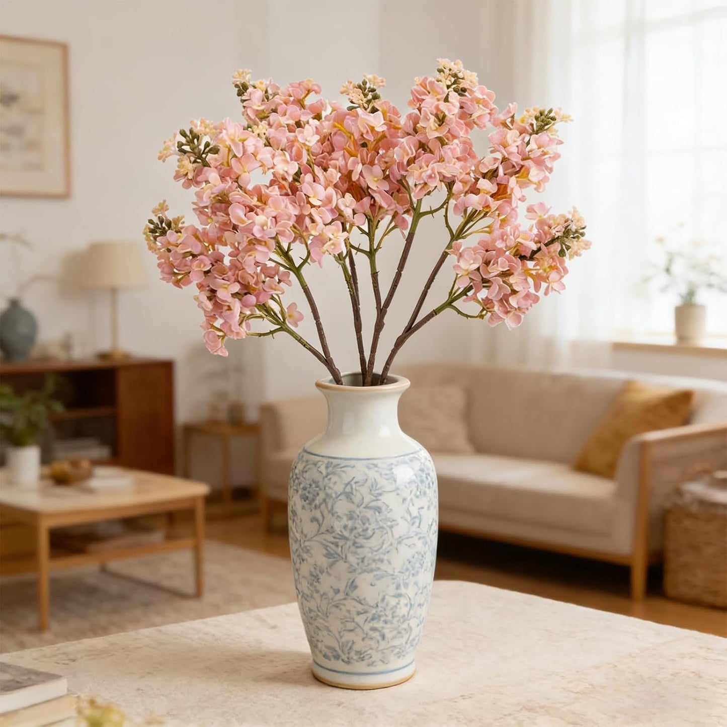 4PCS 25.6inch Lilac Artificial Flowers Purple Fake Delphinium Long Stem Silk Real Touch Flower Faux Lilac Floral Arrangement for Tall Vase Table Centerpieces Wedding Garden Home Decoration（Purple）