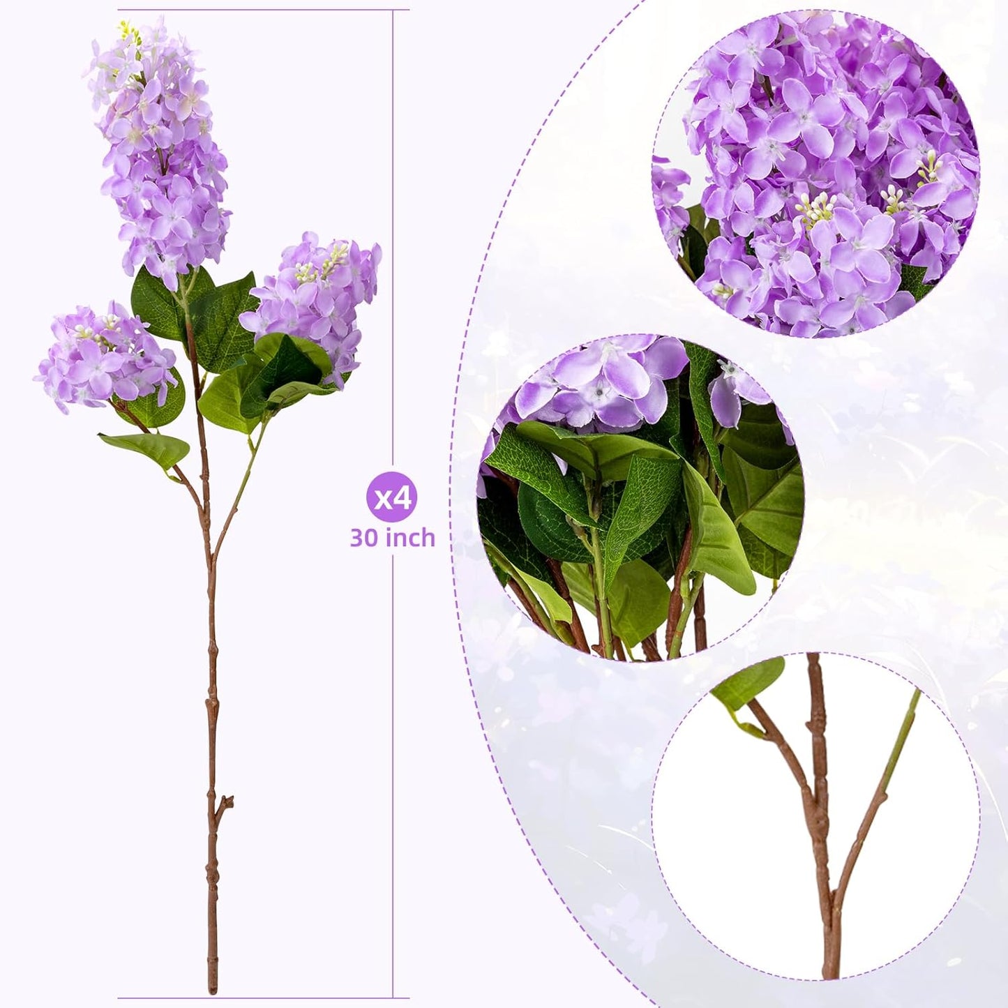 4PCS 25.6inch Lilac Artificial Flowers Purple Fake Delphinium Long Stem Silk Real Touch Flower Faux Lilac Floral Arrangement for Tall Vase Table Centerpieces Wedding Garden Home Decoration（Purple）