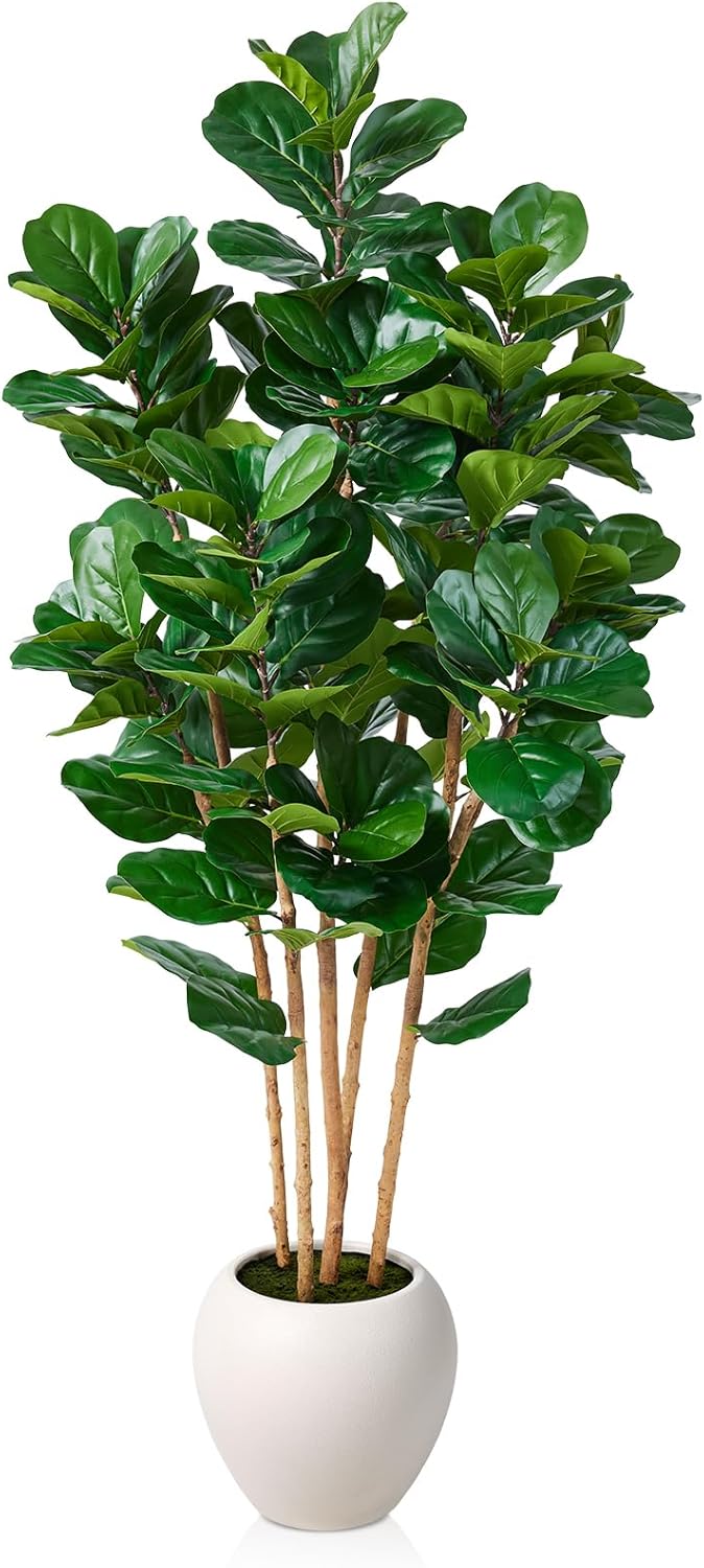 7FT Artificial Fiddle Leaf Fig Tree with White Planter - Tall Fake Tree, 4 Real Wood Trunks, Real Moss Pot, Artificial Plants Indoor Faux Tree for Home Living Room Office Decor, VN244