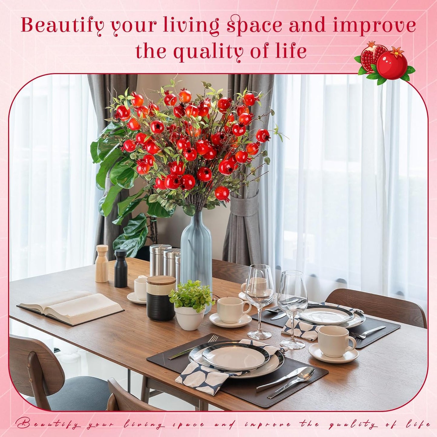 Thiccywoov 10 Pcs 21.65'' Artificial Pomegranate Branches Tall Faux Pomegranate Flower Stem Fake Berries Branches for Wedding Home Vase Party Decorations(Red)