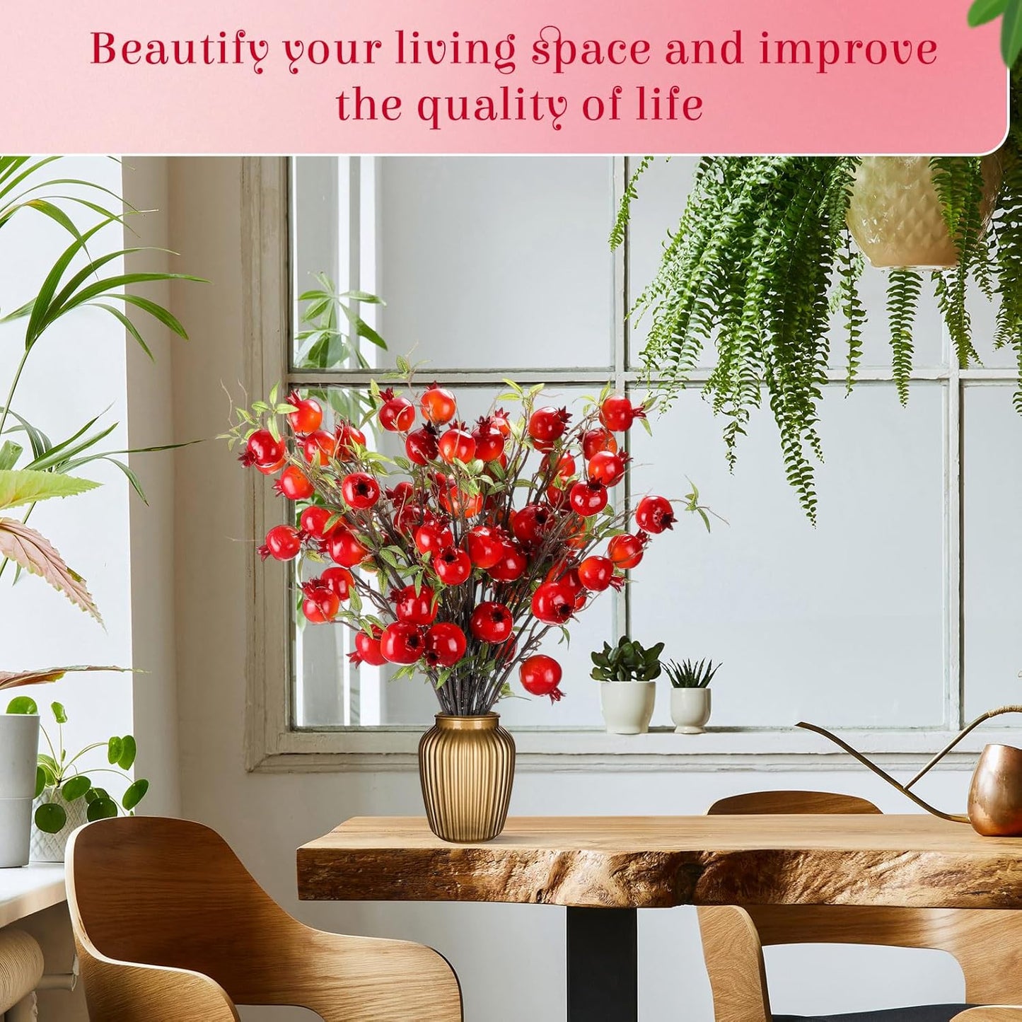 Thiccywoov 10 Pcs 21.65'' Artificial Pomegranate Branches Tall Faux Pomegranate Flower Stem Fake Berries Branches for Wedding Home Vase Party Decorations(Red)