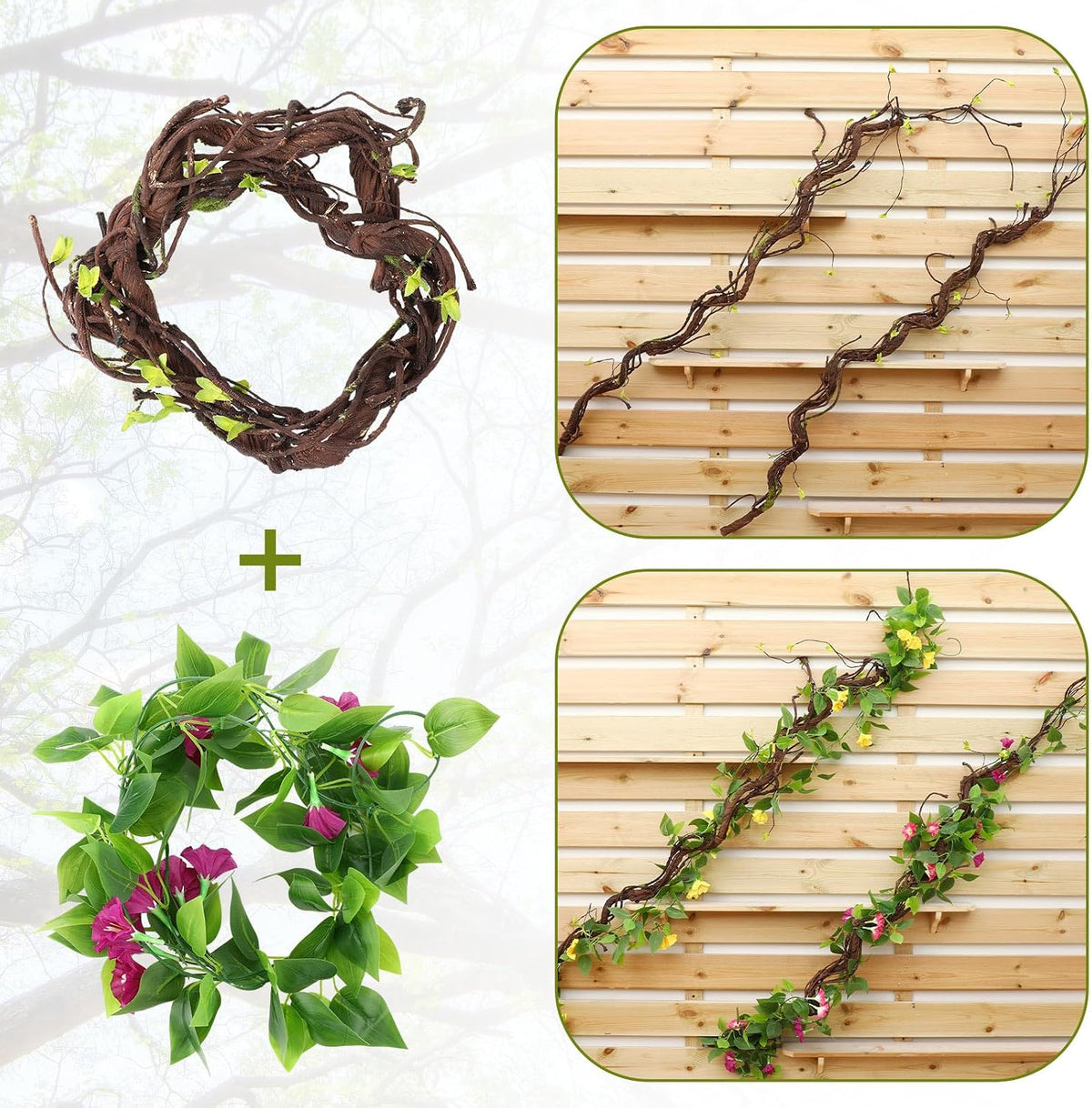 2 Pcs 63 inch Bendable Wall Hanging Tree Branches Artificial Tree Twigs Fake Plants Trunk Garland with Green Leaves for 3D Indoor Outdoor Wedding Garden Home Christmas Decor