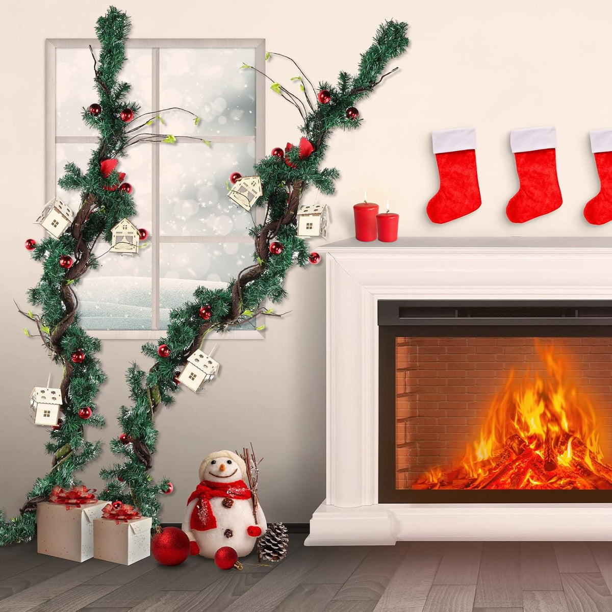2 Pcs 63 inch Bendable Wall Hanging Tree Branches Artificial Tree Twigs Fake Plants Trunk Garland with Green Leaves for 3D Indoor Outdoor Wedding Garden Home Christmas Decor