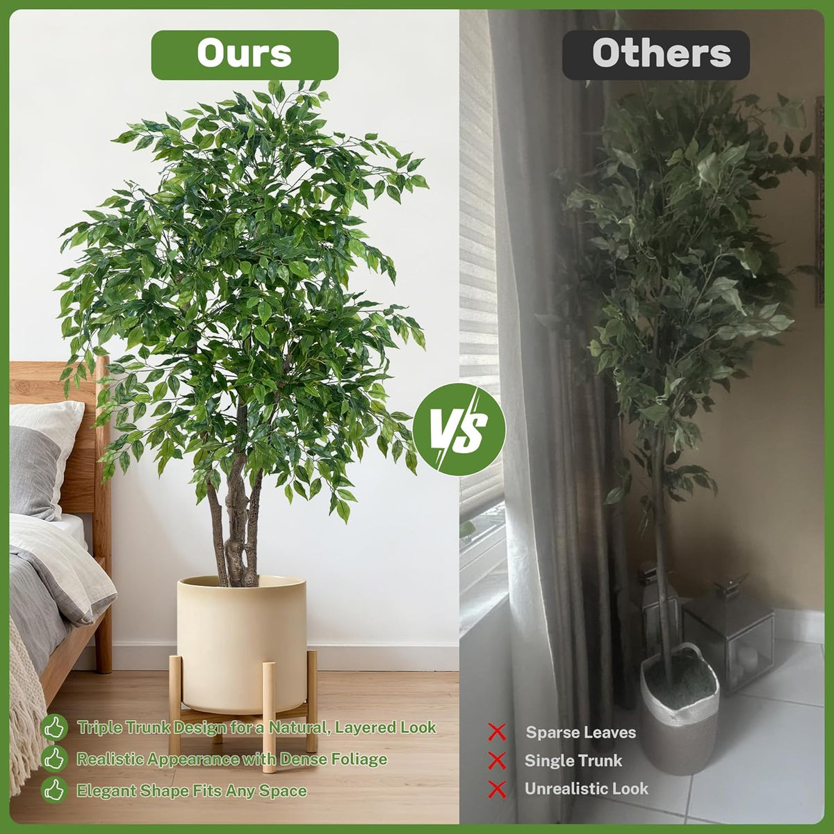 Ficus Tree Artificial with Triple Trunks, 5.5ft Fake Ficus Tree in Black Pot, Tall Artificial Tree Potted Plant for Indoor Outdoor Home Office Living Room Patio Bedroom Decor