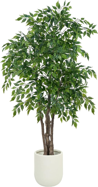 Ficus Tree Artificial with Triple Trunks, 5.5ft Fake Ficus Tree in Black Pot, Tall Artificial Tree Potted Plant for Indoor Outdoor Home Office Living Room Patio Bedroom Decor