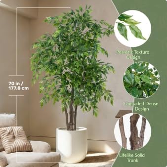 Ficus Tree Artificial with Triple Trunks, 5.5ft Fake Ficus Tree in Black Pot, Tall Artificial Tree Potted Plant for Indoor Outdoor Home Office Living Room Patio Bedroom Decor