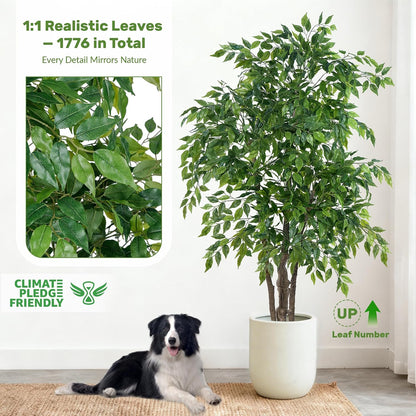 Ficus Tree Artificial with Triple Trunks, 5.5ft Fake Ficus Tree in Black Pot, Tall Artificial Tree Potted Plant for Indoor Outdoor Home Office Living Room Patio Bedroom Decor