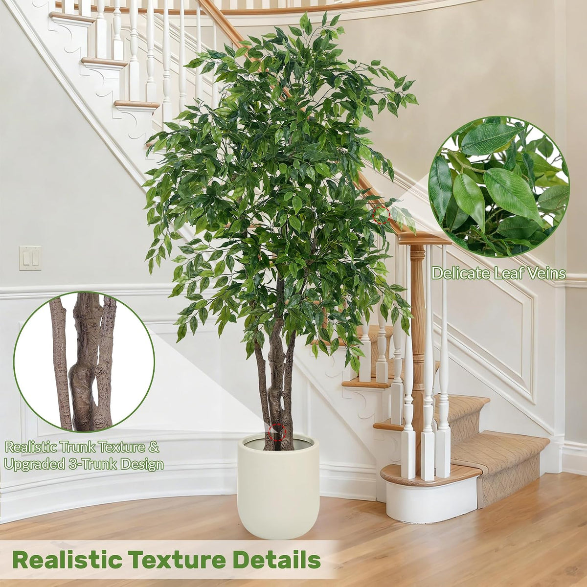 Ficus Tree Artificial with Triple Trunks, 5.5ft Fake Ficus Tree in Black Pot, Tall Artificial Tree Potted Plant for Indoor Outdoor Home Office Living Room Patio Bedroom Decor