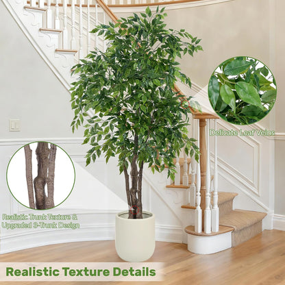 Ficus Tree Artificial with Triple Trunks, 5.5ft Fake Ficus Tree in Black Pot, Tall Artificial Tree Potted Plant for Indoor Outdoor Home Office Living Room Patio Bedroom Decor