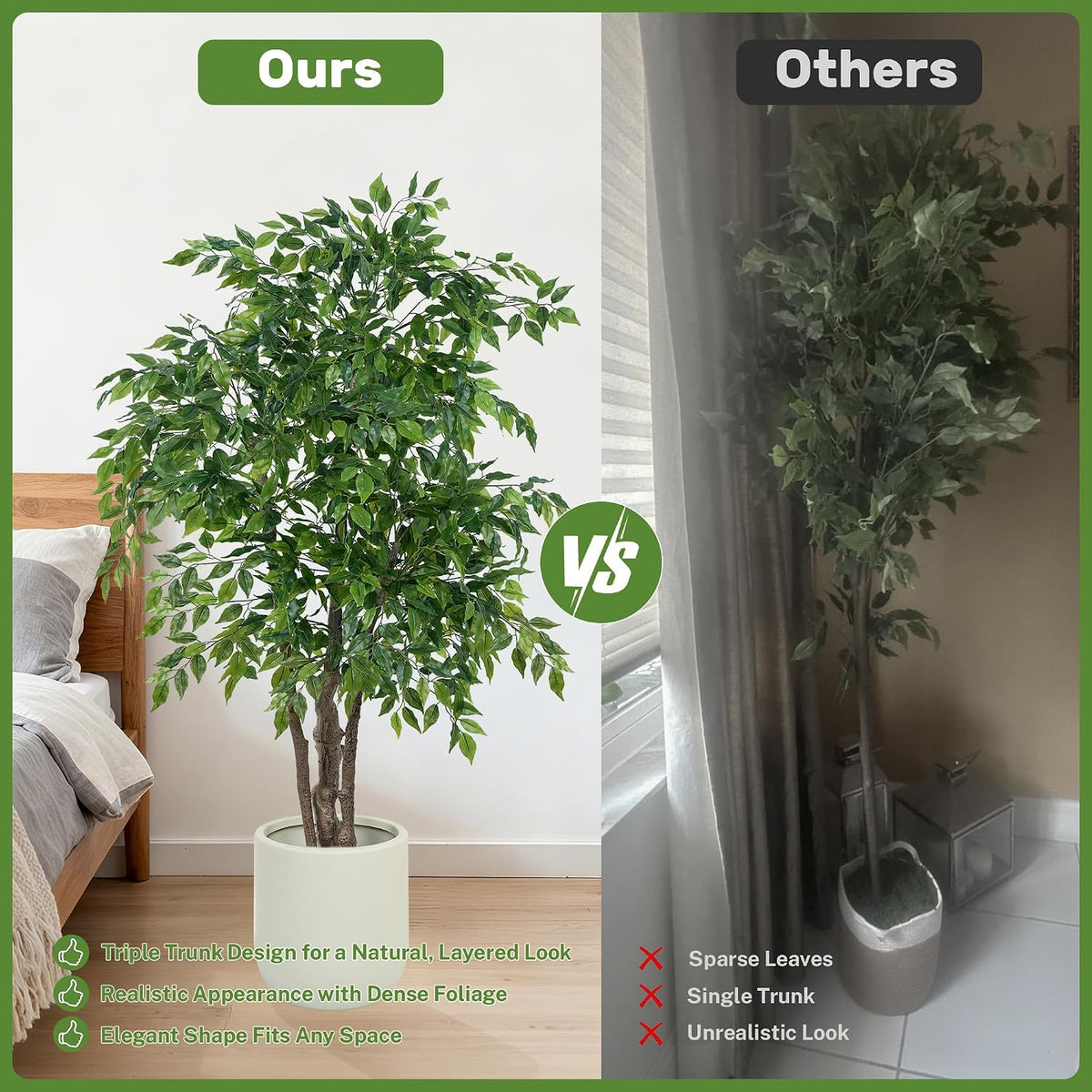 Ficus Tree Artificial with Triple Trunks, 5.5ft Fake Ficus Tree in Black Pot, Tall Artificial Tree Potted Plant for Indoor Outdoor Home Office Living Room Patio Bedroom Decor