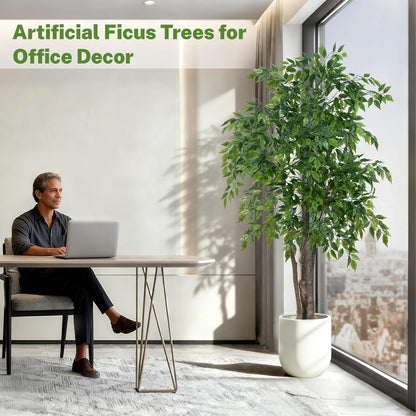 Ficus Tree Artificial with Triple Trunks, 5.5ft Fake Ficus Tree in Black Pot, Tall Artificial Tree Potted Plant for Indoor Outdoor Home Office Living Room Patio Bedroom Decor