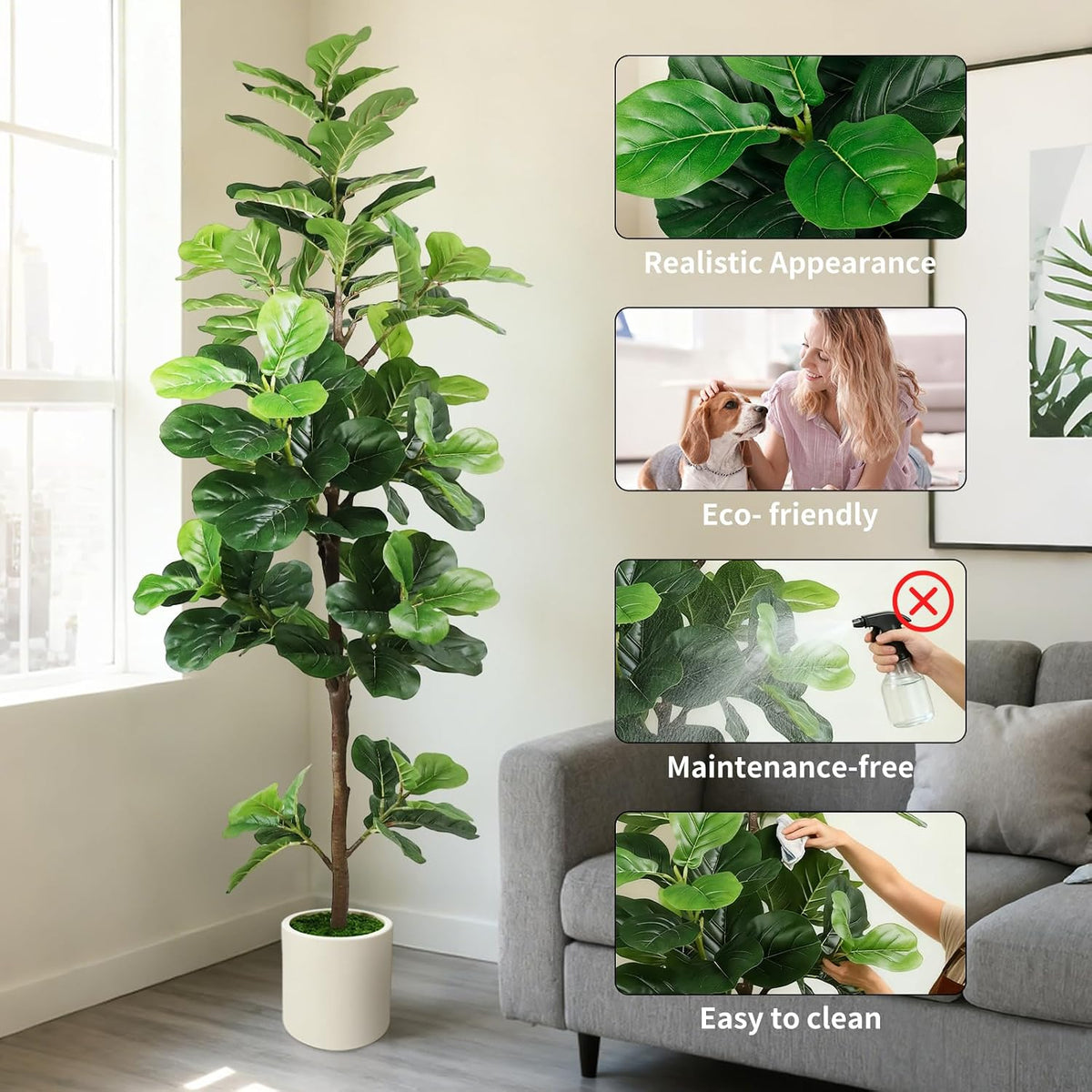 6FT Artificial Fiddle Leaf Fig Tree with White Planter & Fake Moss, Realistic Faux Ficus Lyrata Floor Plant for Indoor Home Office Decor, Housewarming Gift